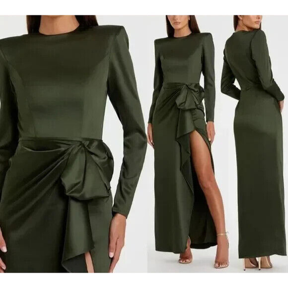 NWT MAC‎ DUGGAL LONG SLEEVE STRUCTURED BOW GOWN OLIVE EVENING BALL 26676 - Picture 1 of 4